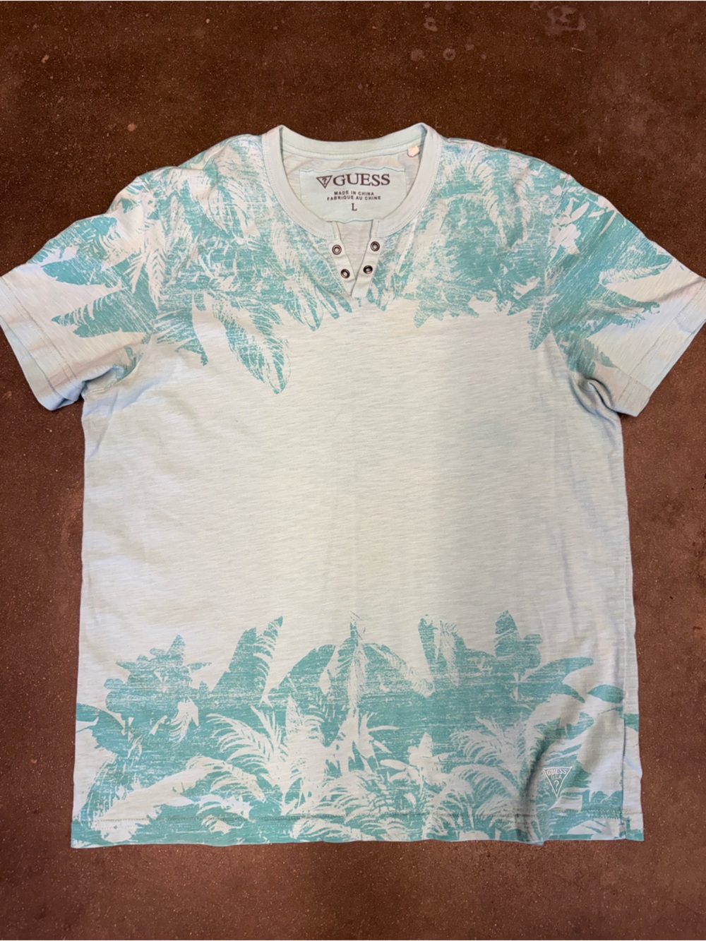 Guess Men's Short Sleeve Tee - White with Aqua Leaf Print